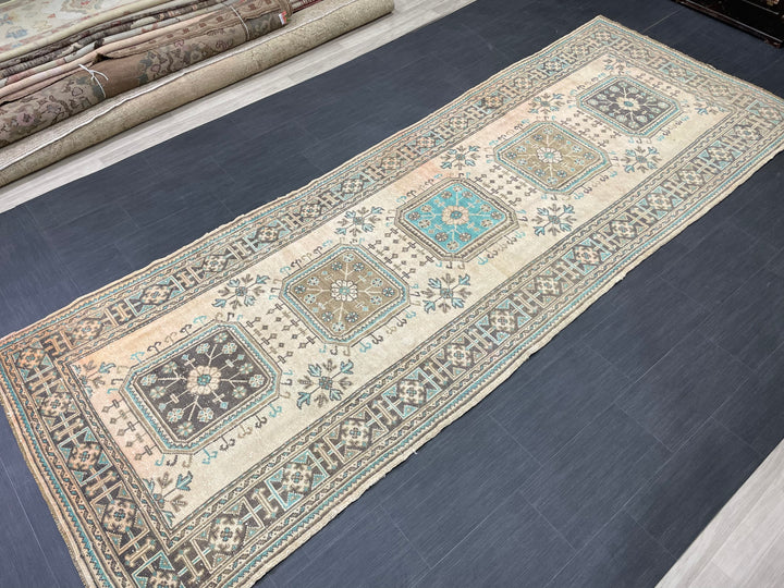 Beige Turkish Runner Rug 4' 7" x 12' 7" Hand-Knotted pattern