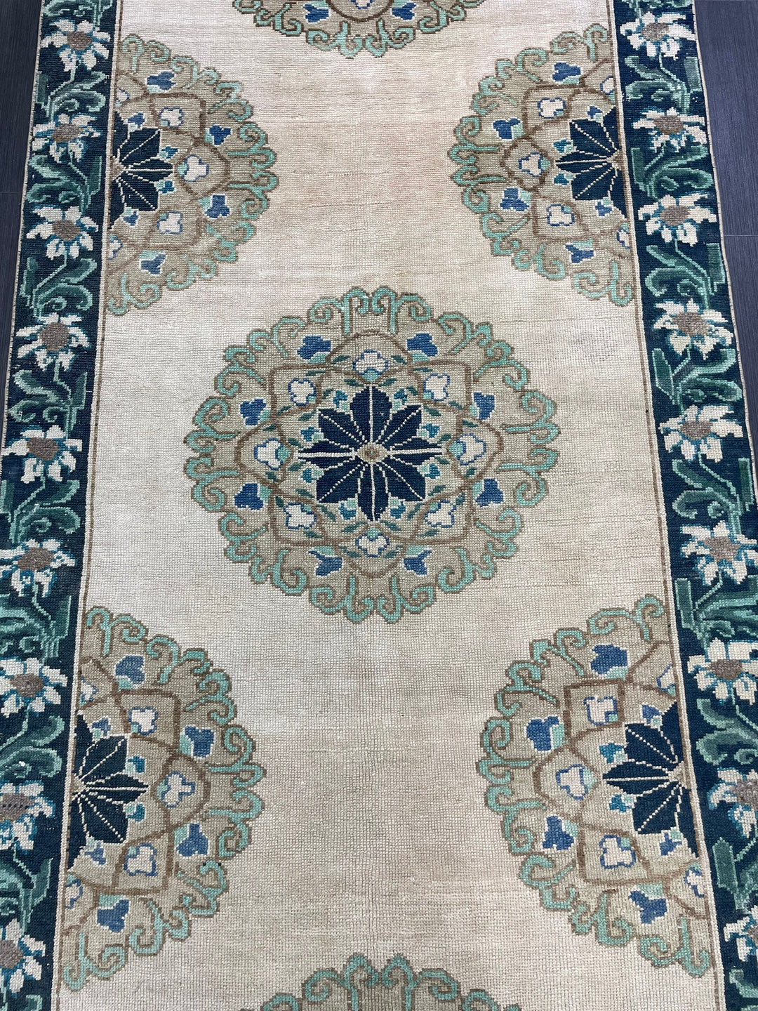 Green Turkish Runner Rug 4' 1" x 11' 3" Hand-Knotted | No. WR78752
