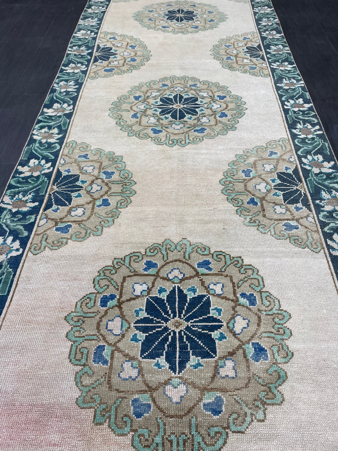 Green Turkish Runner Rug 4' 1" x 11' 3" Hand-Knotted | No. WR78752