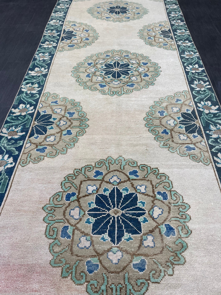 Green Turkish Runner Rug 4' 1" x 11' 3" Hand-Knotted | No. WR78752