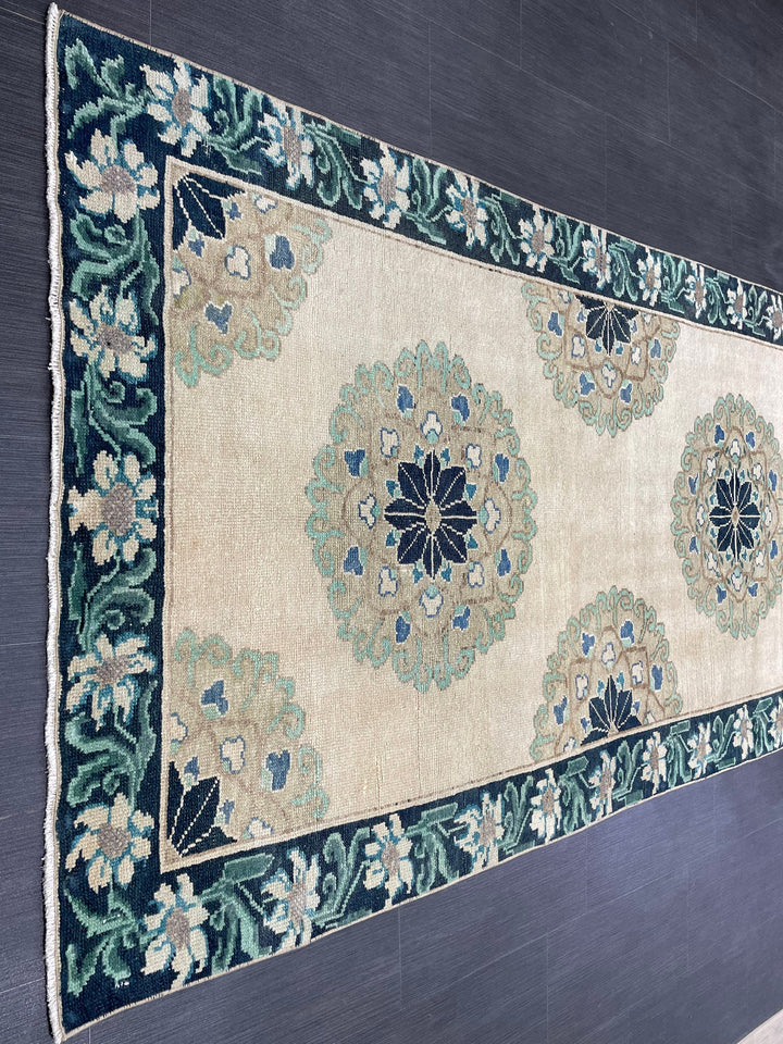 Green Turkish Runner Rug 4' 1" x 11' 3" Hand-Knotted | No. WR78752