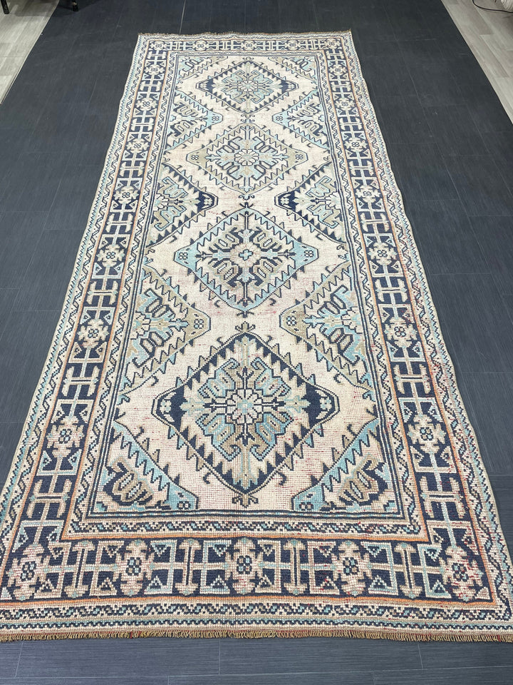 Beige Turkish Runner Rug 4' 8" x 11' 11" Hand-Knotted reverse