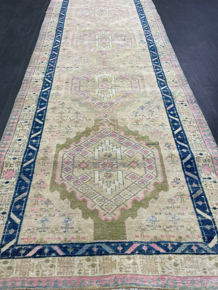 Beige Turkish Runner Rug 3' 5" x 10' 7" Hand-Knotted field