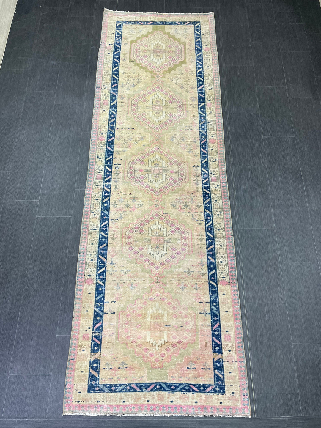 Beige Turkish Runner Rug 3' 5" x 10' 7" Hand-Knotted texture