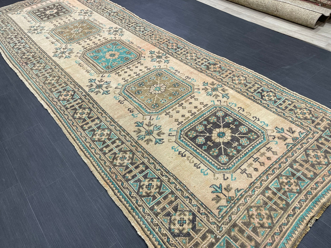 Beige Turkish Runner Rug 4' 7" x 12' 7" Hand-Knotted