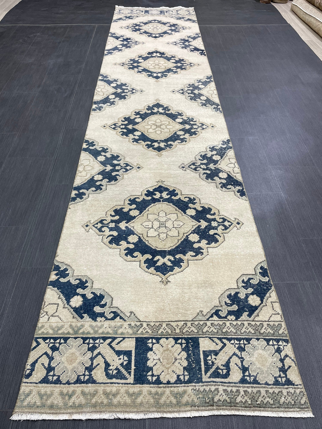 Navy Turkish Runner Rug 2' 10" x 12' 9" Hand-Knotted detail