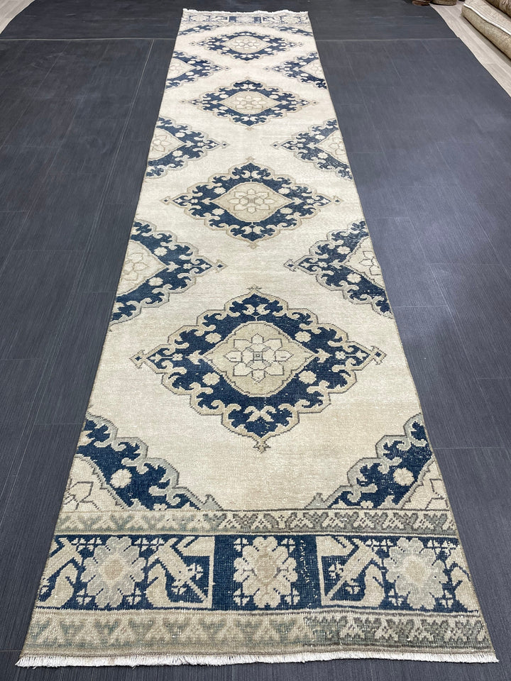 Navy Turkish Runner Rug 2' 10" x 12' 9" Hand-Knotted detail
