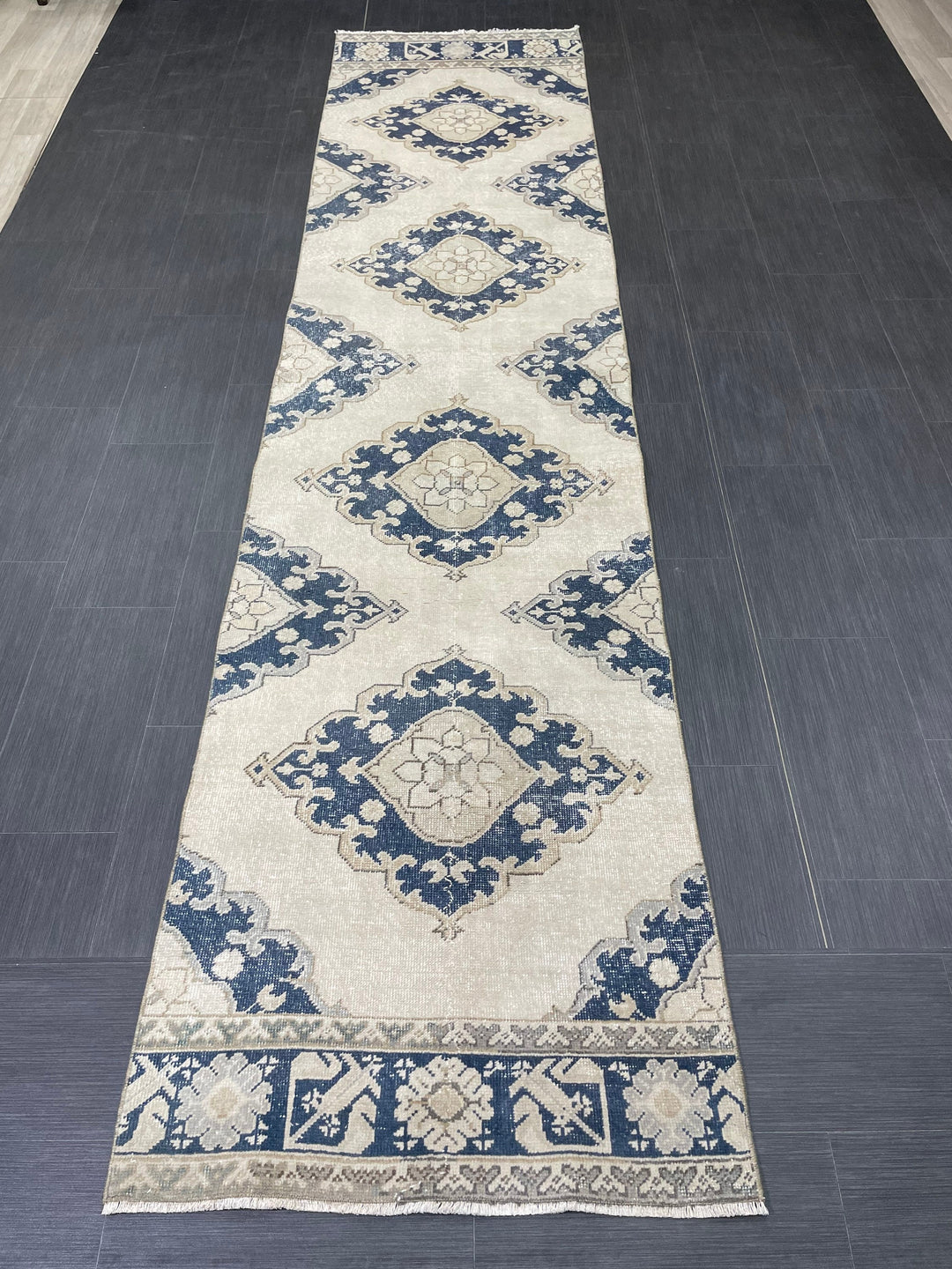 Navy Turkish Runner Rug 2' 11" x 12' 4" Hand-Knotted pattern