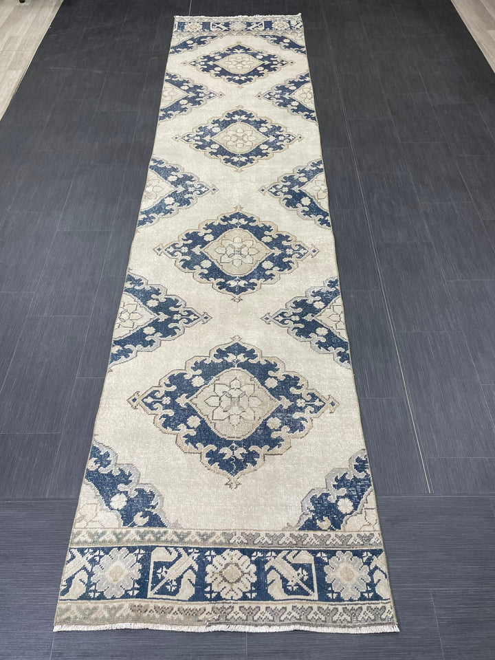 Navy Turkish Runner Rug 2' 11" x 12' 4" Hand-Knotted pattern