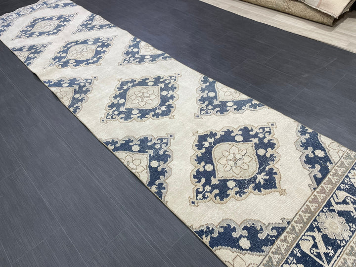 Navy Turkish Runner Rug 2' 11" x 12' 4" Hand-Knotted reverse