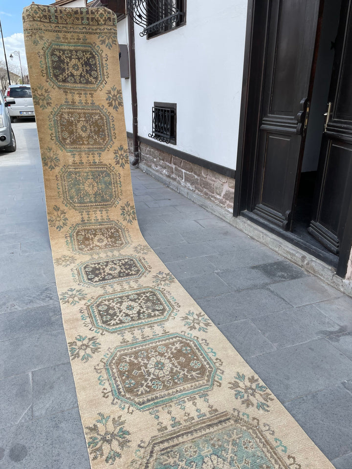 Beige Turkish Runner Rug 2' 9" x 20' 9" Hand-Knotted close-up