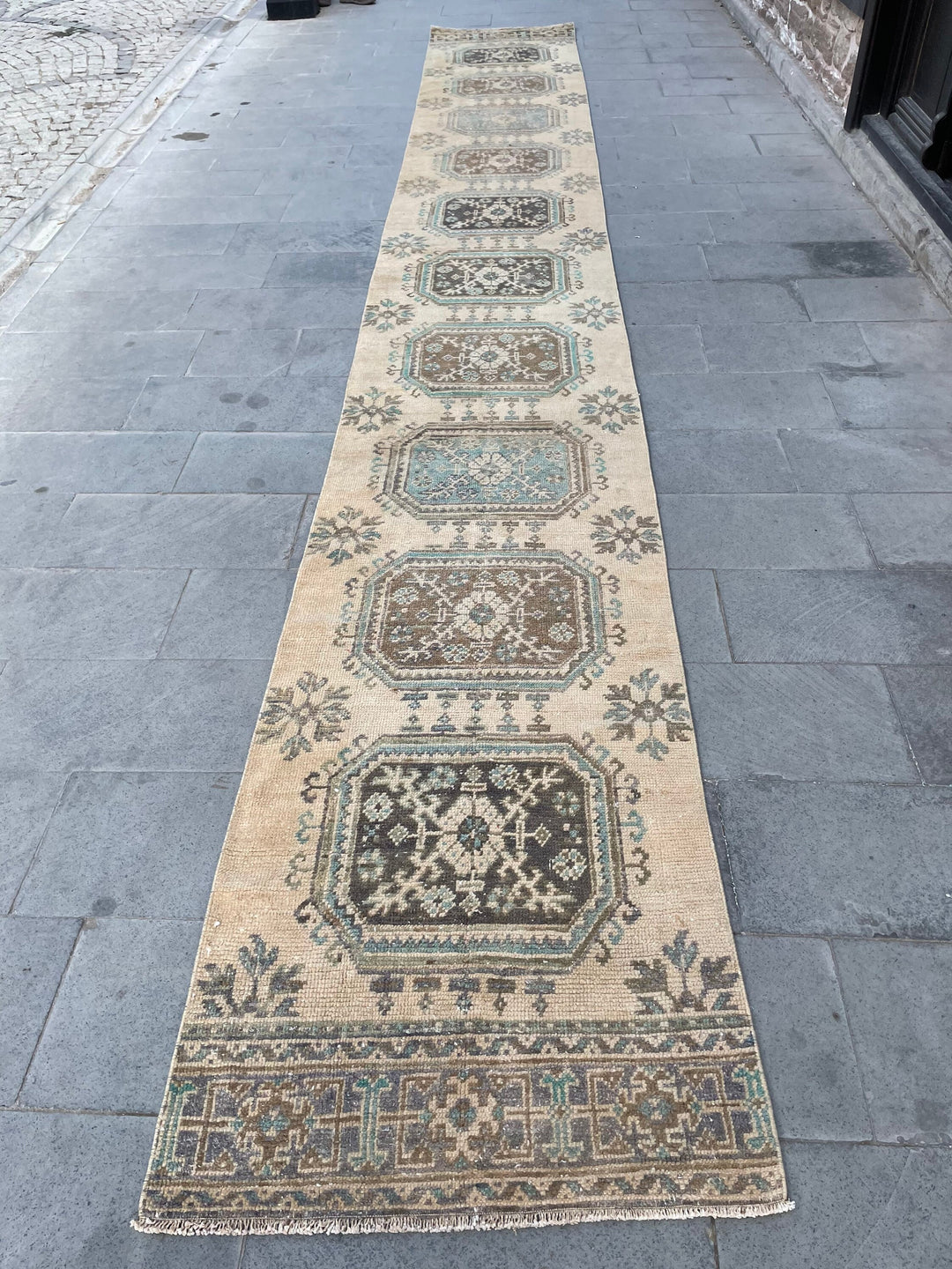 Beige Turkish Runner Rug 2' 9" x 20' 9" Hand-Knotted reverse