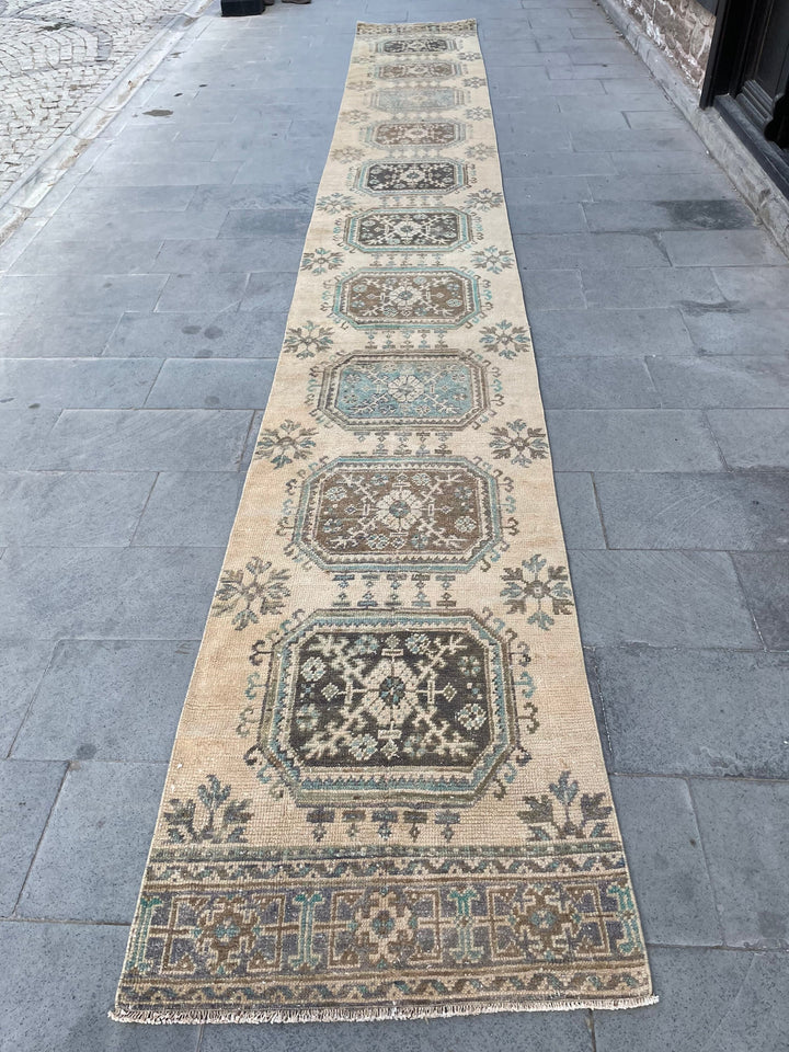 Beige Turkish Runner Rug 2' 9" x 20' 9" Hand-Knotted reverse