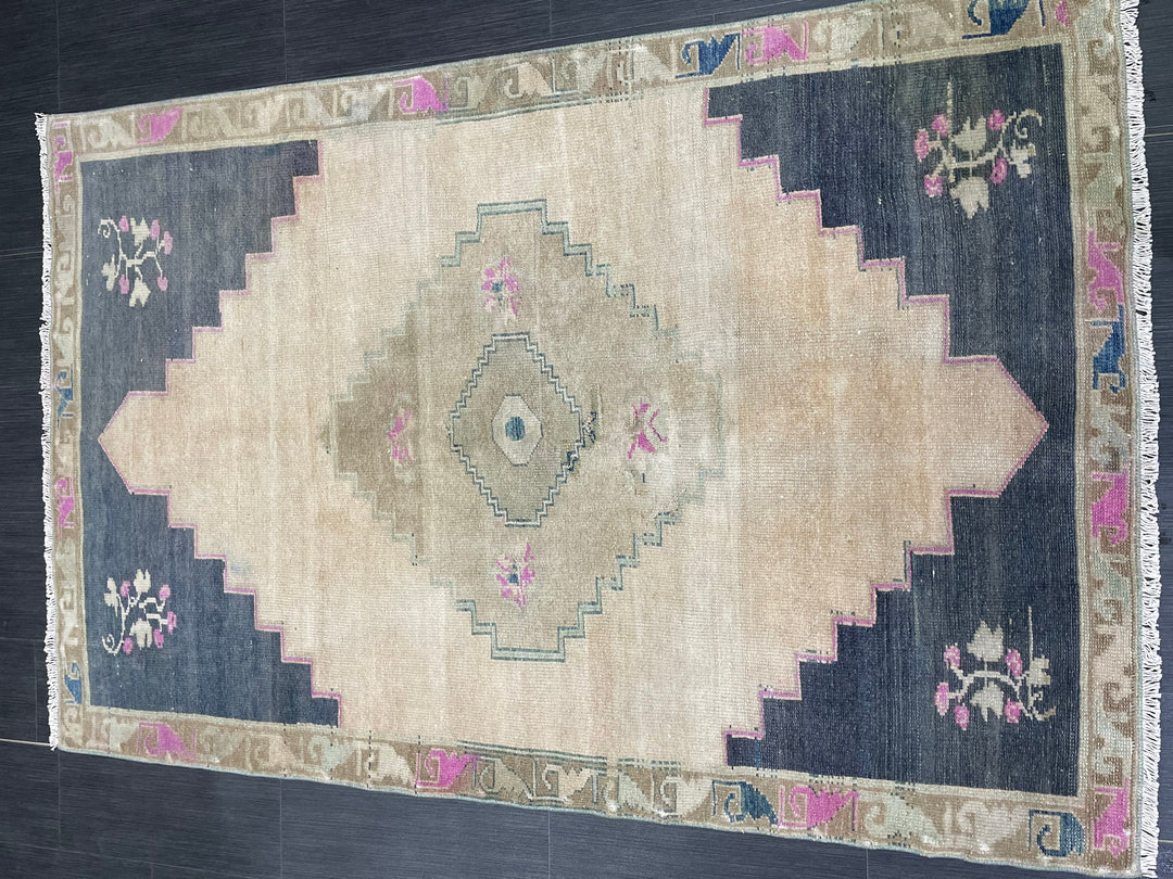 Navy Turkish Runner Rug 3' 3" x 4' 5" Hand-Knotted border