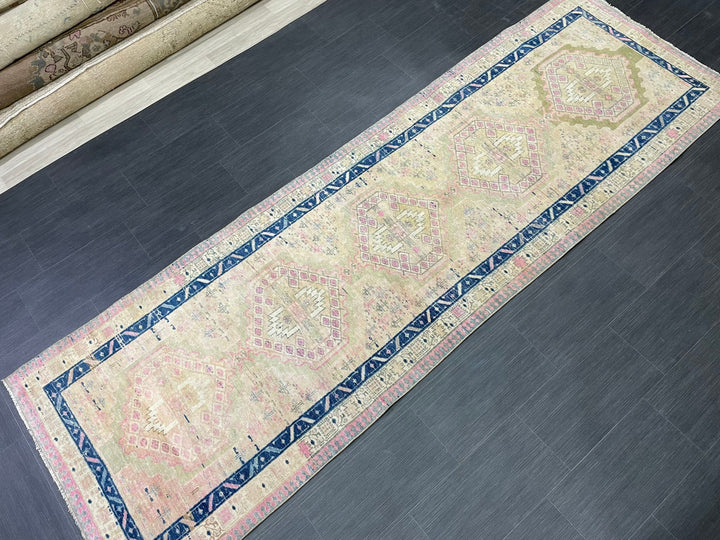 Beige Turkish Runner Rug 3' 5" x 10' 7" Hand-Knotted