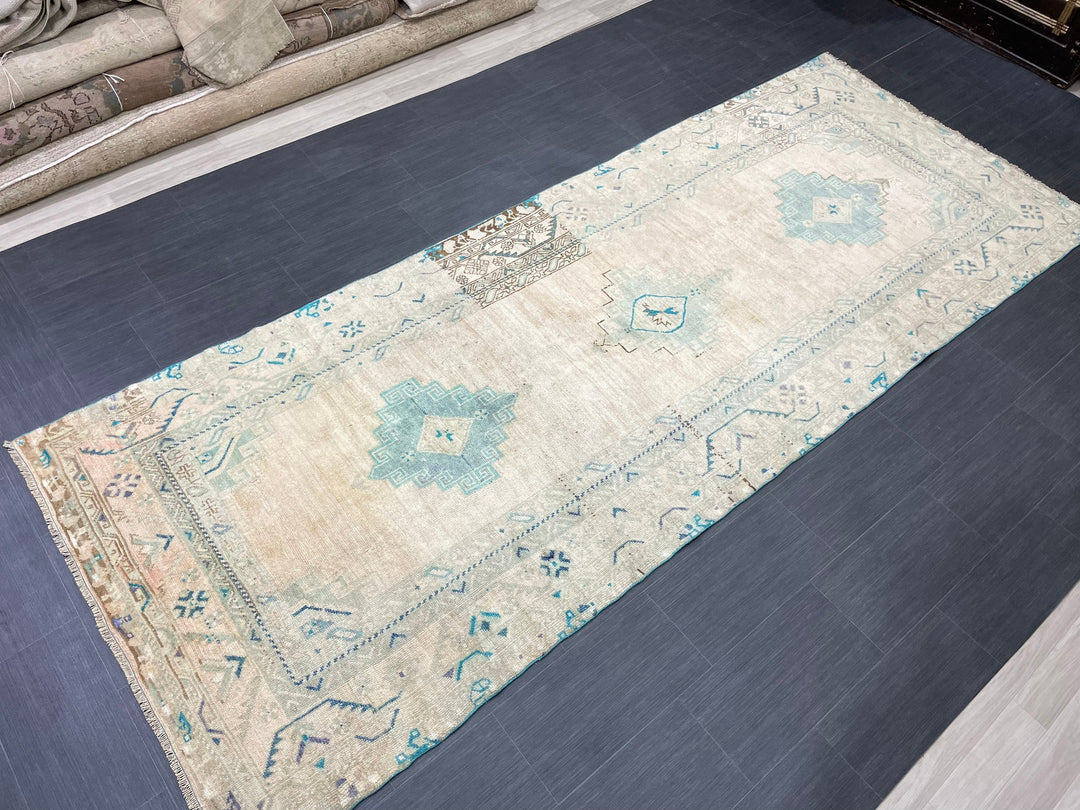 Beige Turkish Runner Rug 4' 6" x 11' 8" Hand-Knotted