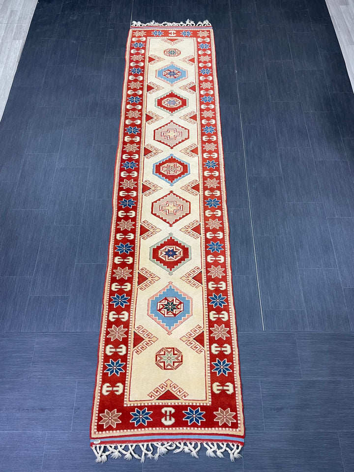 Beige Turkish Runner Rug 2' 7" x 11' 4" Hand-Knotted close-up
