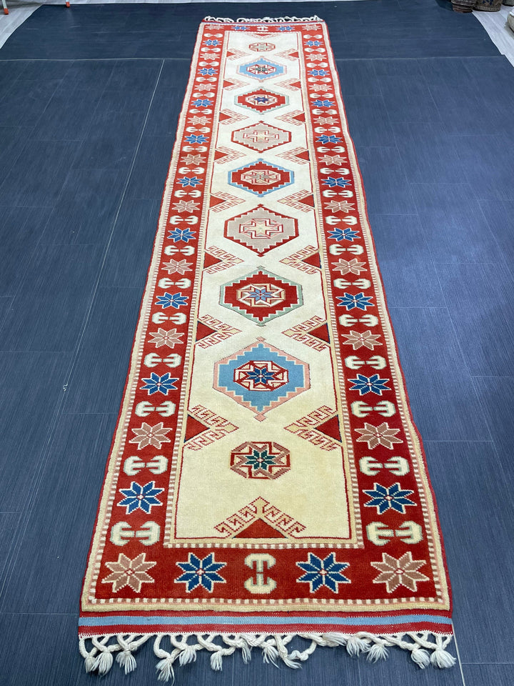 Beige Turkish Runner Rug 2' 7" x 11' 4" Hand-Knotted field