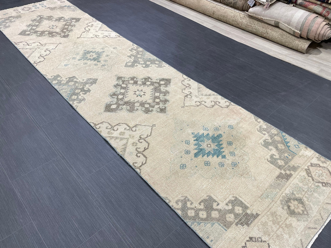 Beige Turkish Runner Rug 2' 9" x 11' 2" Hand-Knotted