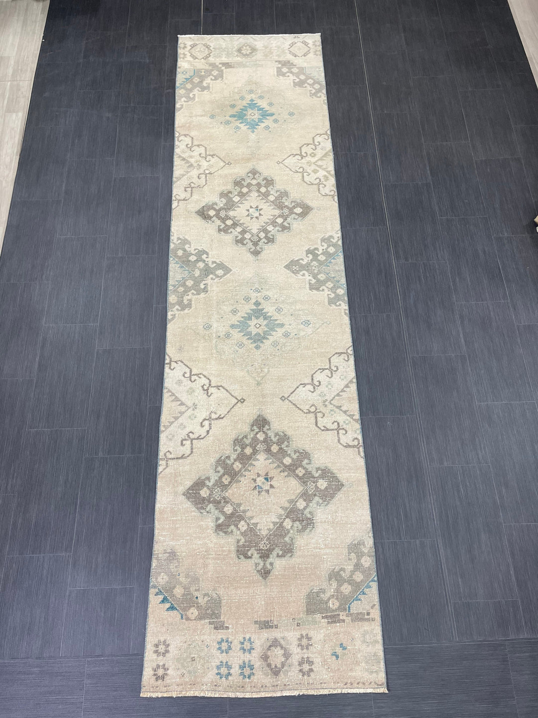 Beige Turkish Runner Rug 2' 9" x 11' 2" Hand-Knotted close-up