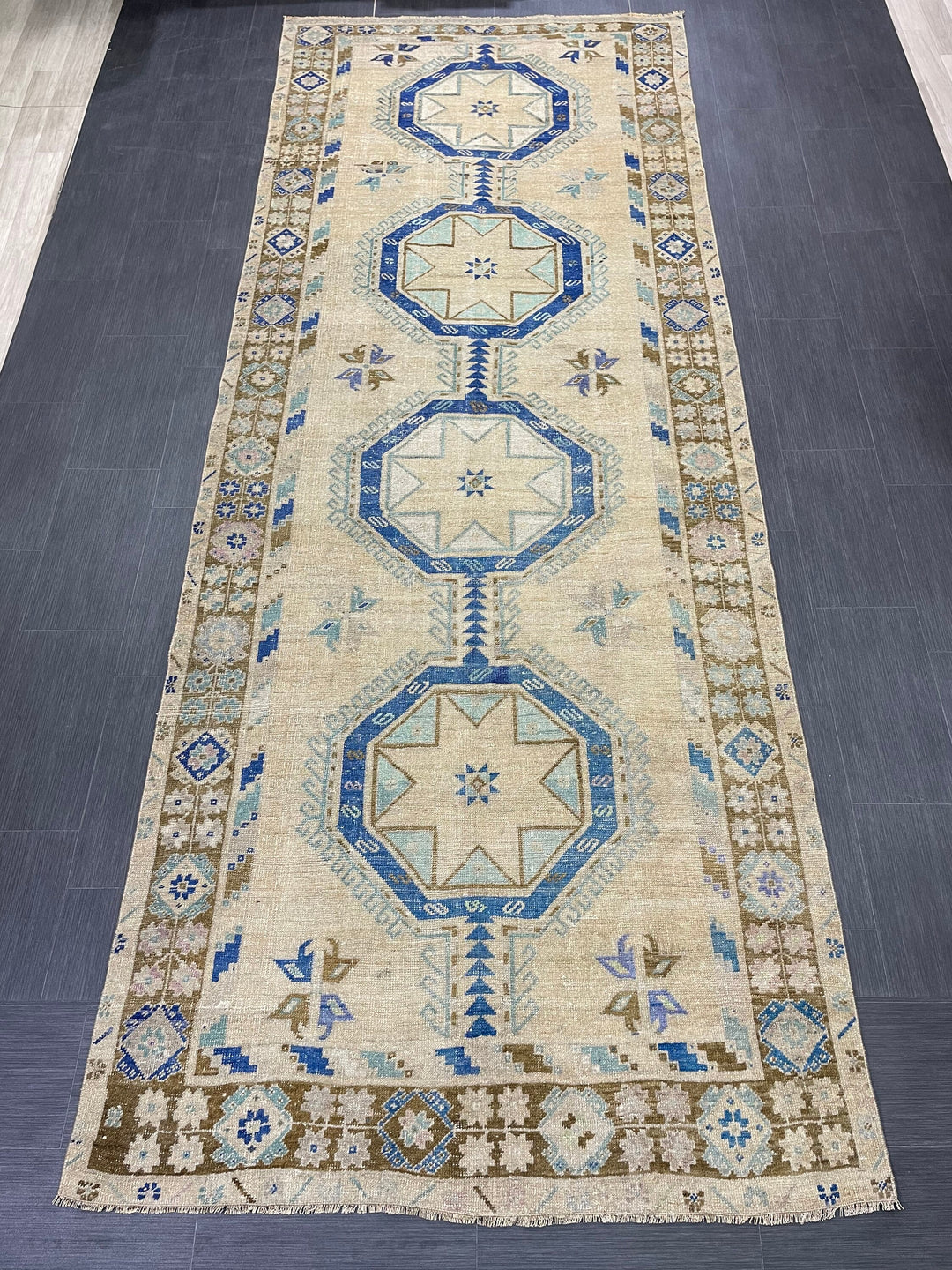 Beige Turkish Runner Rug 4' 9" x 12' 6" Hand-Knotted reverse