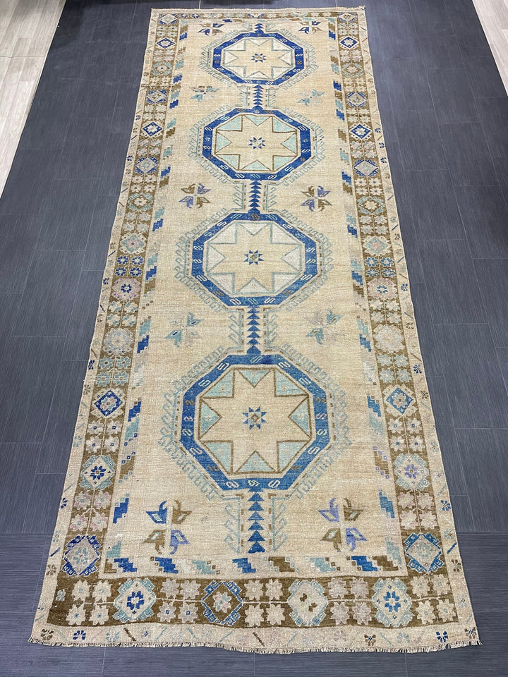 Beige Turkish Runner Rug 4' 9" x 12' 6" Hand-Knotted reverse