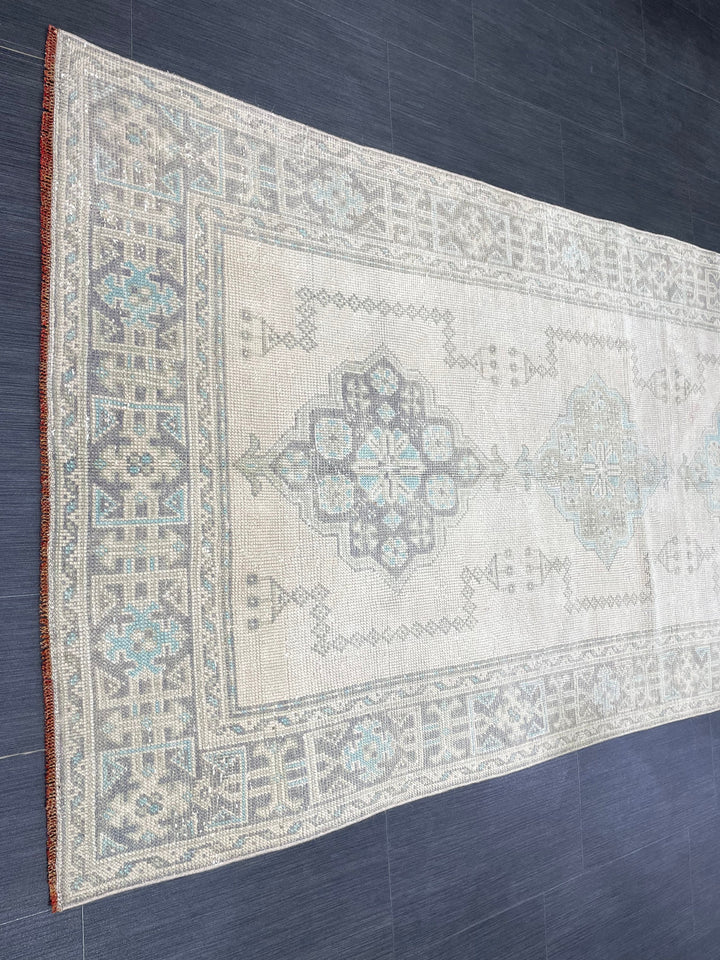 Beige Turkish Runner Rug 3' 11" x 11' 7" Hand-Knotted close-up