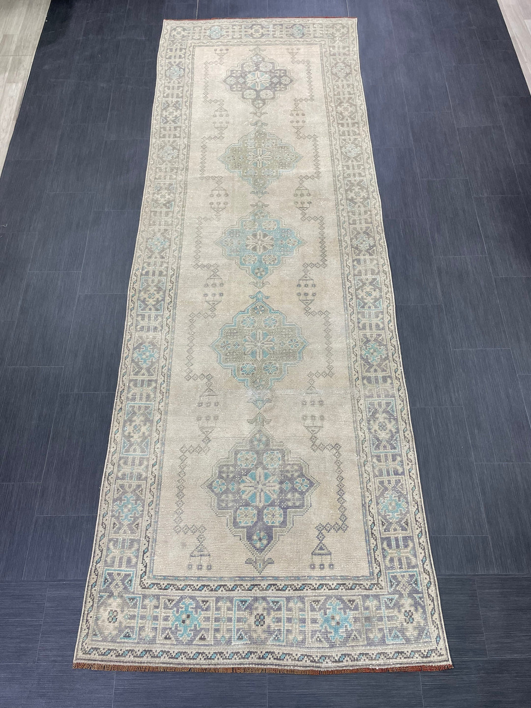 Beige Turkish Runner Rug 3' 11" x 11' 7" Hand-Knotted reverse
