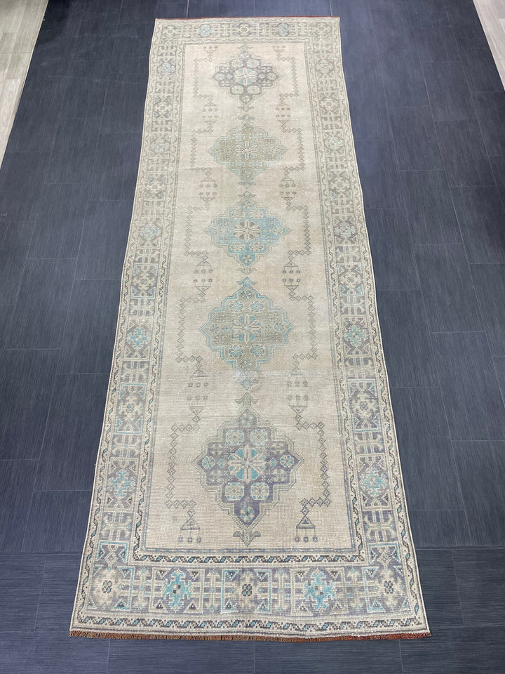 Beige Turkish Runner Rug 3' 11" x 11' 7" Hand-Knotted reverse