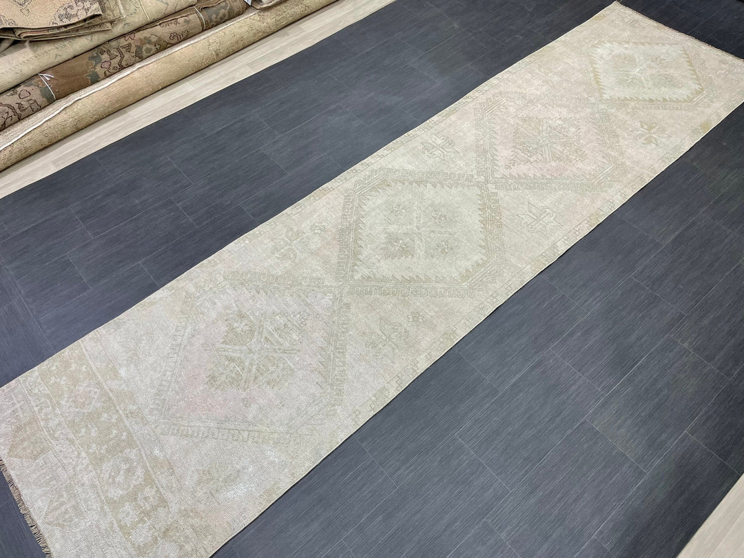 Beige Turkish Runner Rug 3' 3" x 12' 6" Hand-Knotted detail