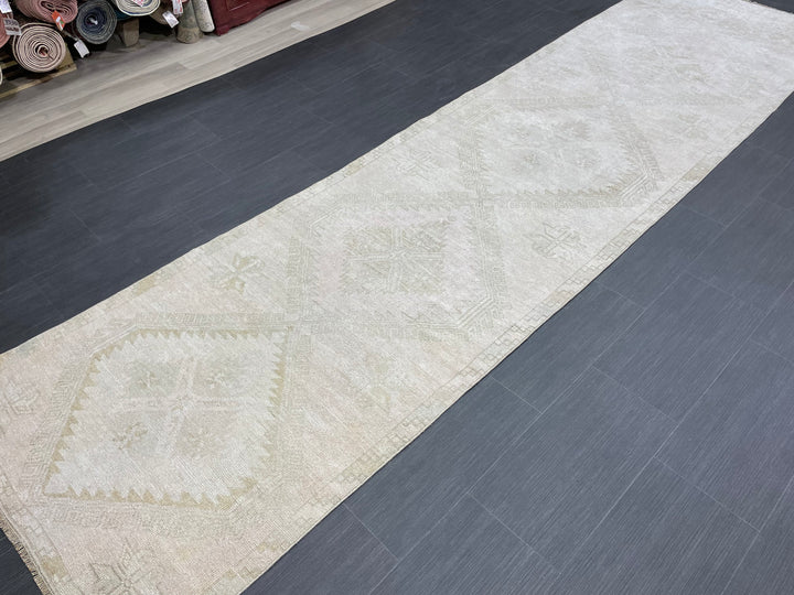 Beige Turkish Runner Rug 3' 3" x 12' 6" Hand-Knotted field