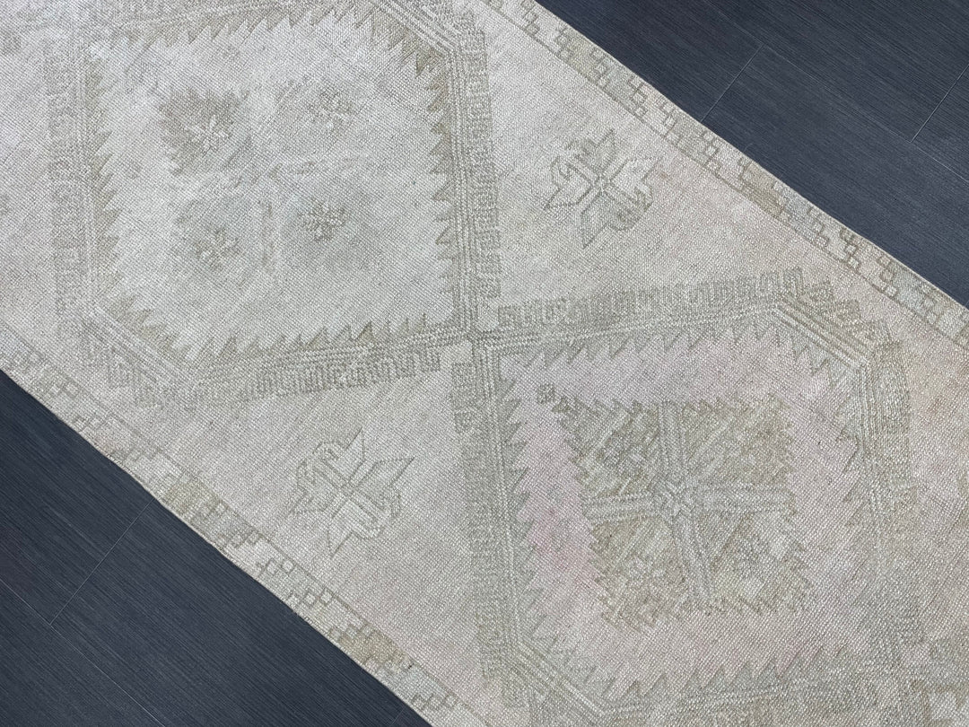 Beige Turkish Runner Rug 3' 3" x 12' 6" Hand-Knotted texture