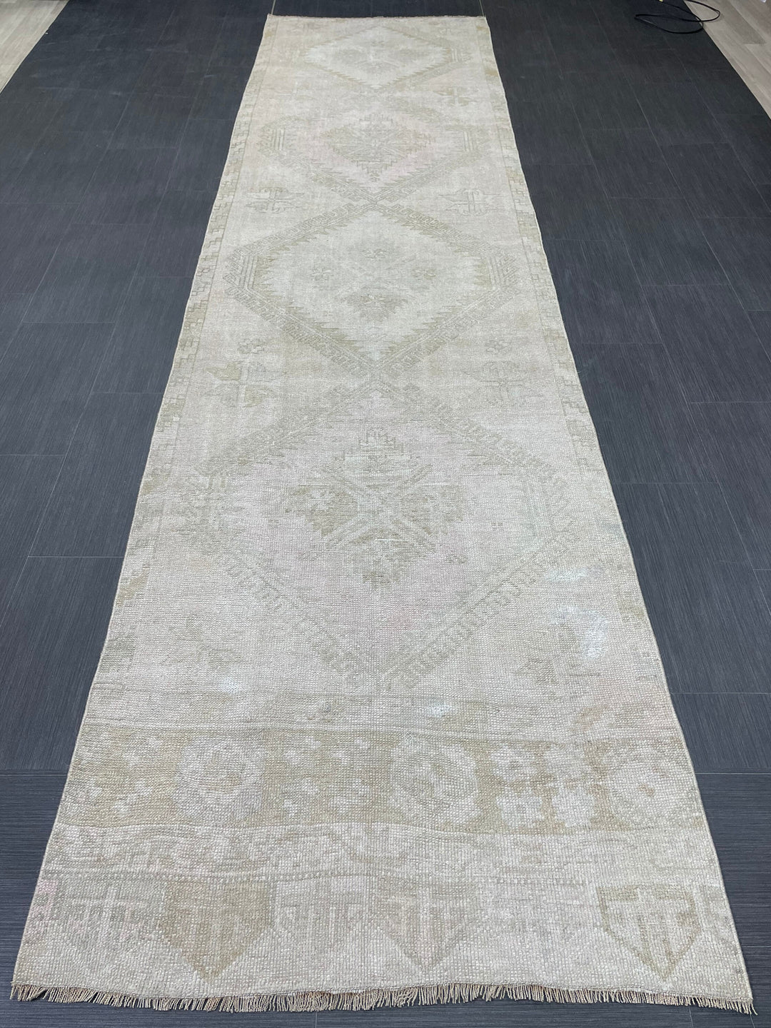 Beige Turkish Runner Rug 3' 3" x 12' 6" Hand-Knotted view 9
