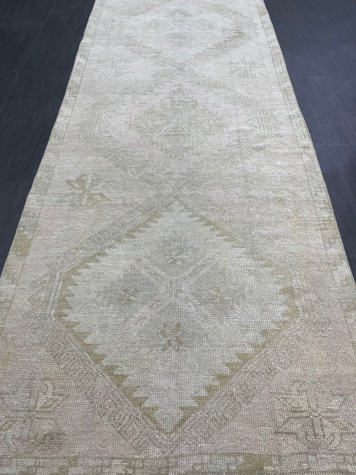 Beige Turkish Runner Rug 3' 3" x 12' 6" Hand-Knotted close-up