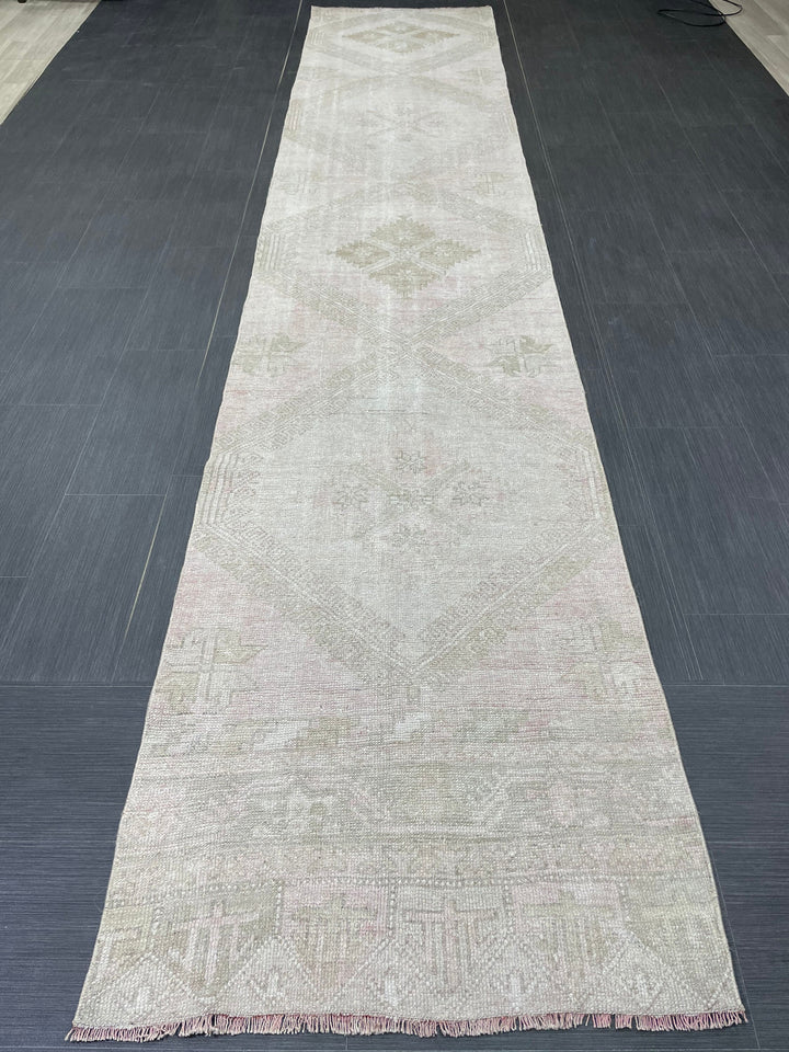 Beige Turkish Runner Rug 2' 8" x 13' 4" Hand-Knotted close-up