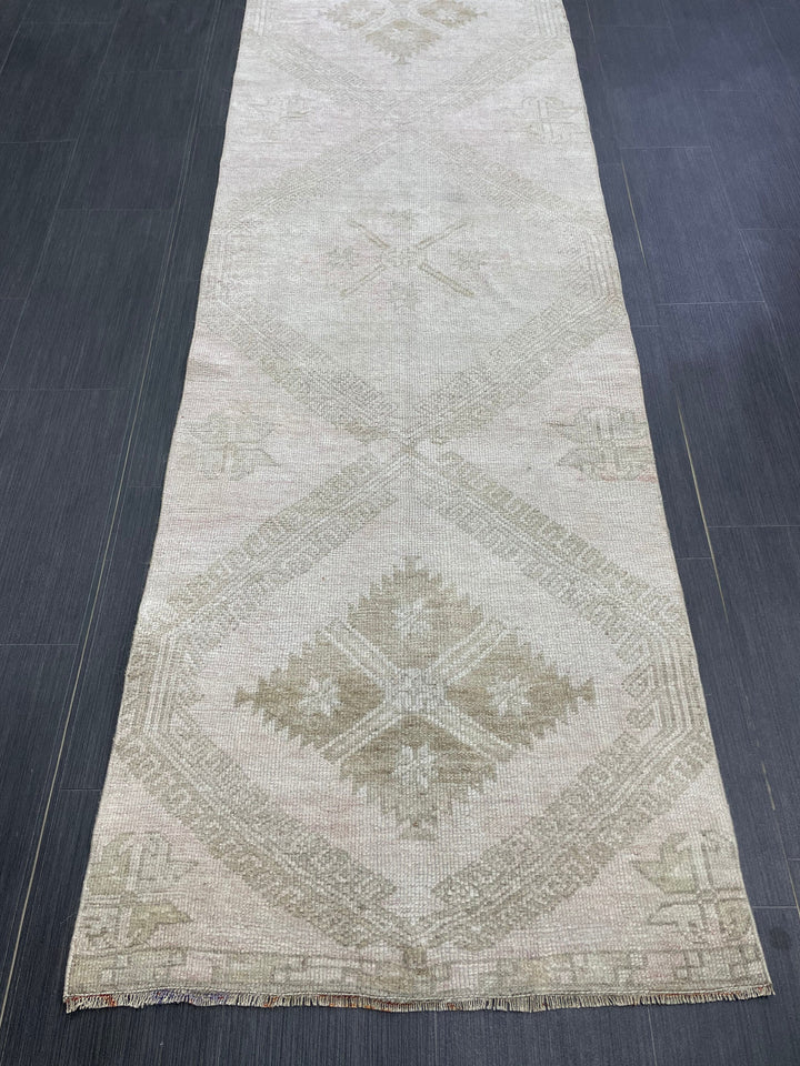 Beige Turkish Runner Rug 2' 8" x 13' 4" Hand-Knotted reverse