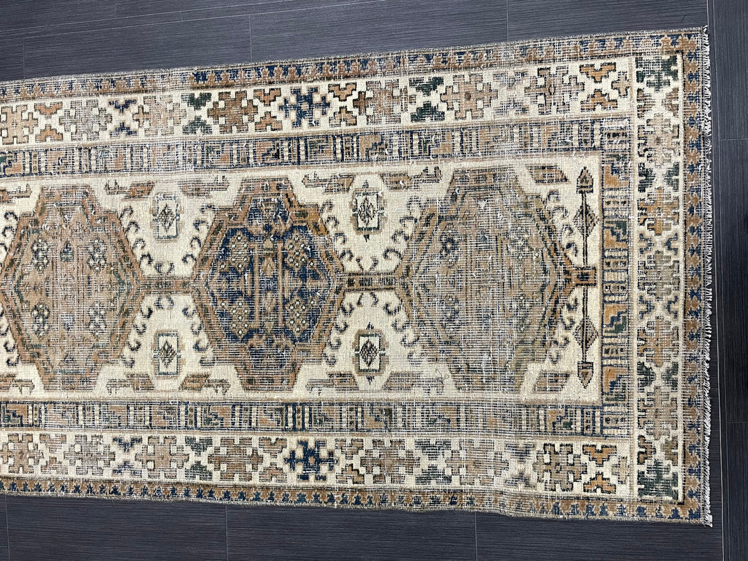 Beige Turkish Distressed Runner Rug 2' 10" x 11' 1" Hand-Knotted | No. WR47882