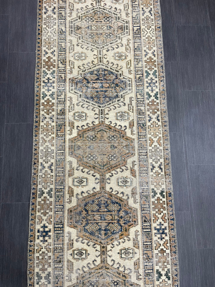Beige Turkish Distressed Runner Rug 2' 10" x 11' 1" Hand-Knotted | No. WR47882
