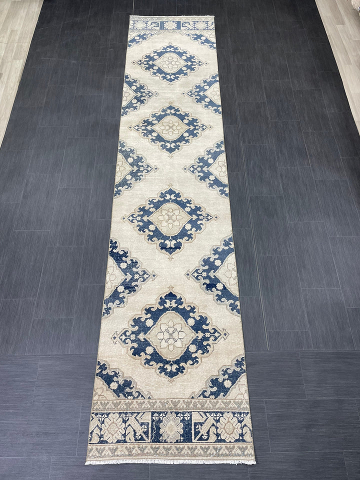 Navy Turkish Runner Rug 2' 10" x 12' 9" Hand-Knotted pattern