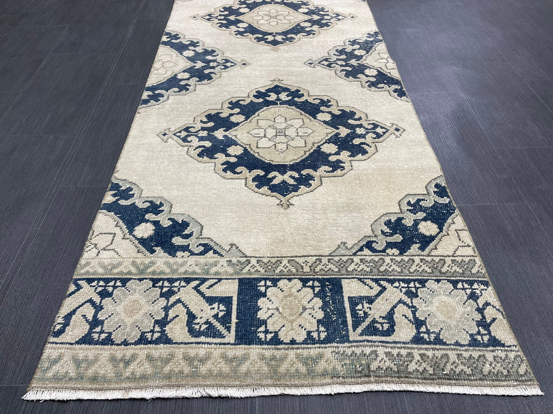 Navy Turkish Runner Rug 2' 10" x 12' 9" Hand-Knotted field
