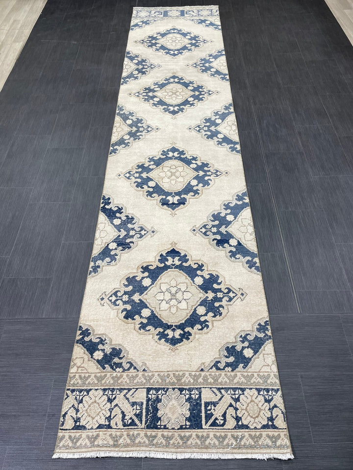 Navy Turkish Runner Rug 2' 10" x 12' 9" Hand-Knotted texture