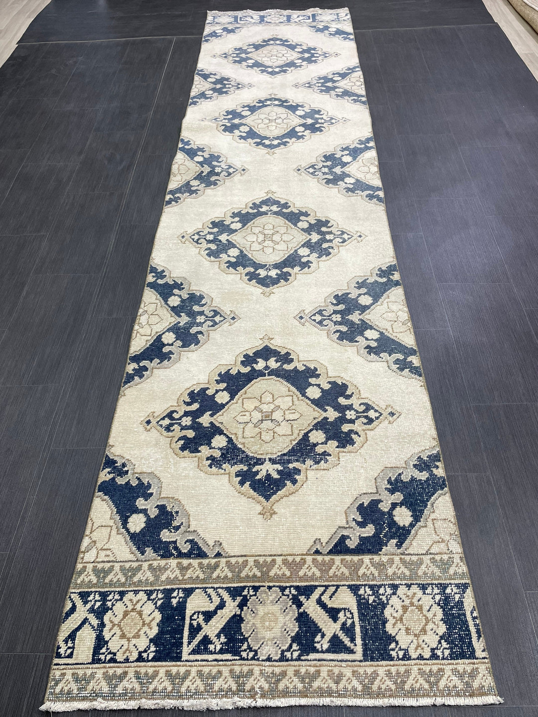 Navy Turkish Runner Rug 2' 11" x 12' 4" Hand-Knotted field