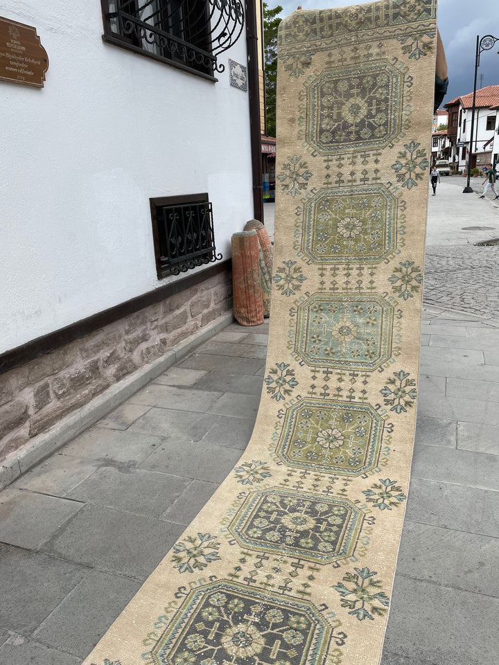 Beige Turkish Runner Rug 2' 6" x 20' 2" Hand-Knotted close-up