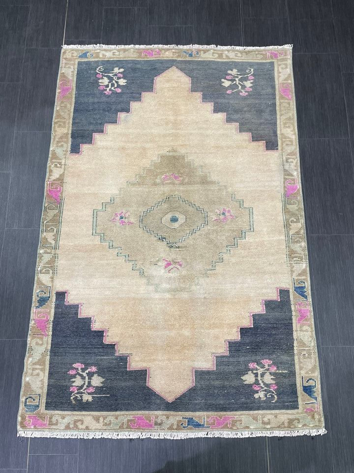 Navy Turkish Runner Rug 3' 3" x 4' 5" Hand-Knotted close-up