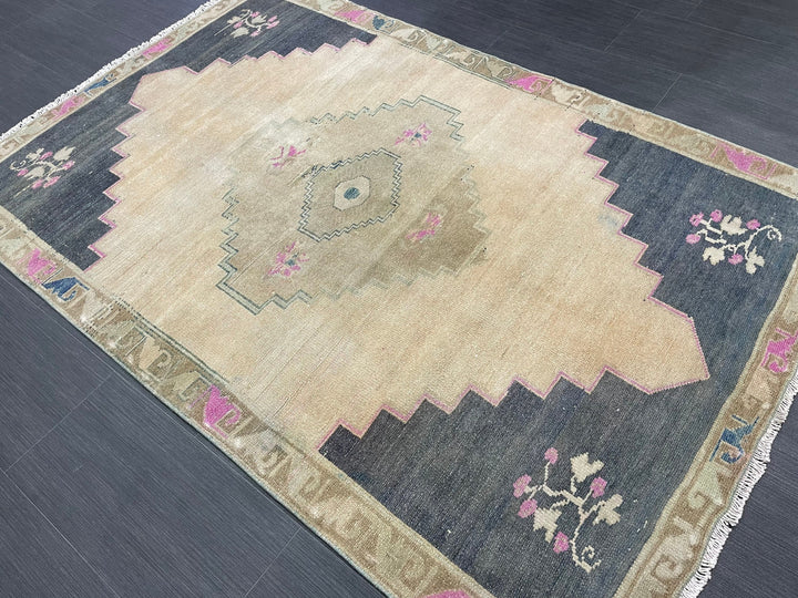 Navy Turkish Runner Rug 3' 3" x 4' 5" Hand-Knotted pattern