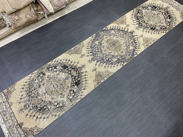Beige Turkish Runner Rug 2' 9" x 13' 1" Hand-Knotted