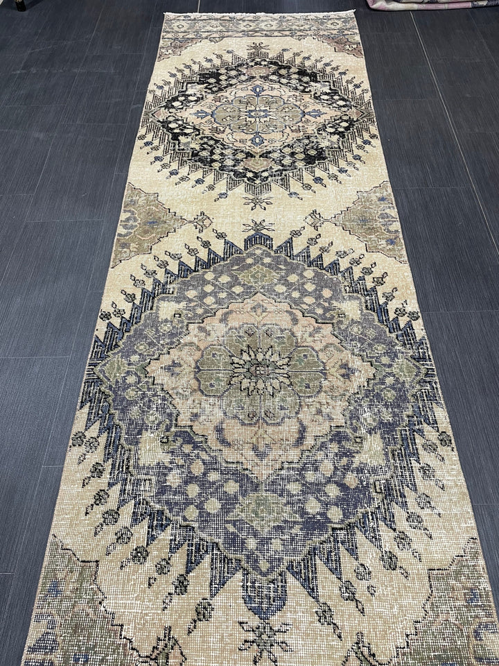 Beige Turkish Runner Rug 2' 9" x 13' 1" Hand-Knotted close-up