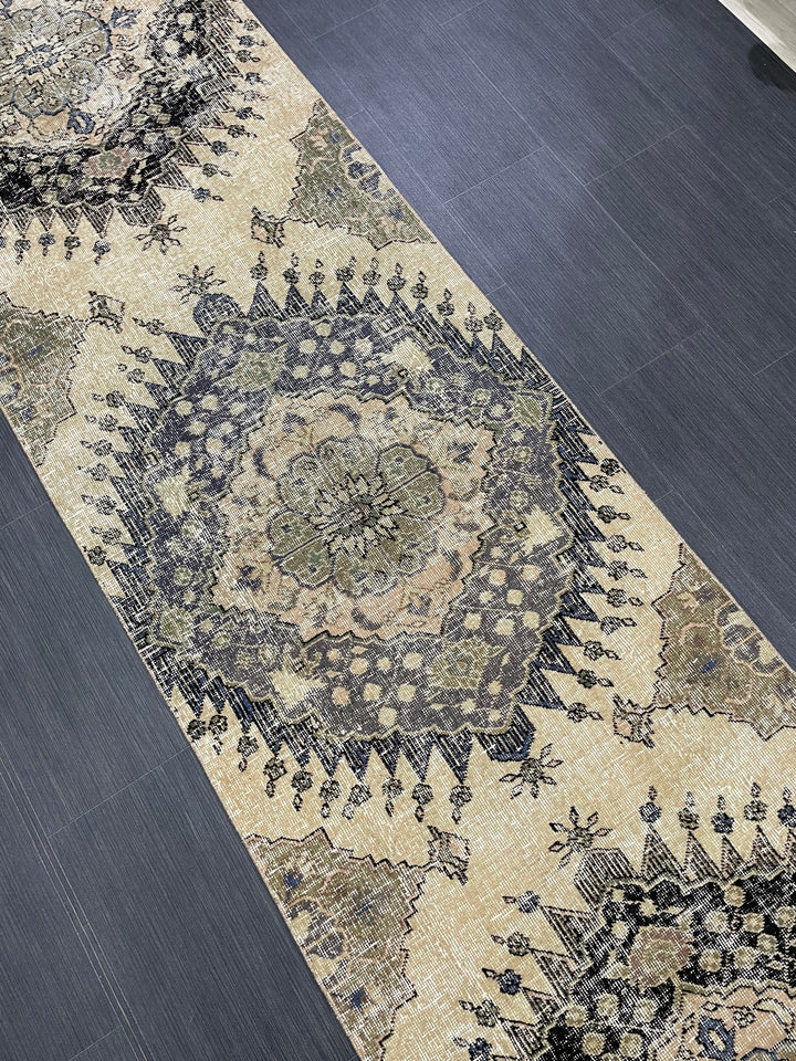 Beige Turkish Runner Rug 2' 9" x 13' 1" Hand-Knotted field