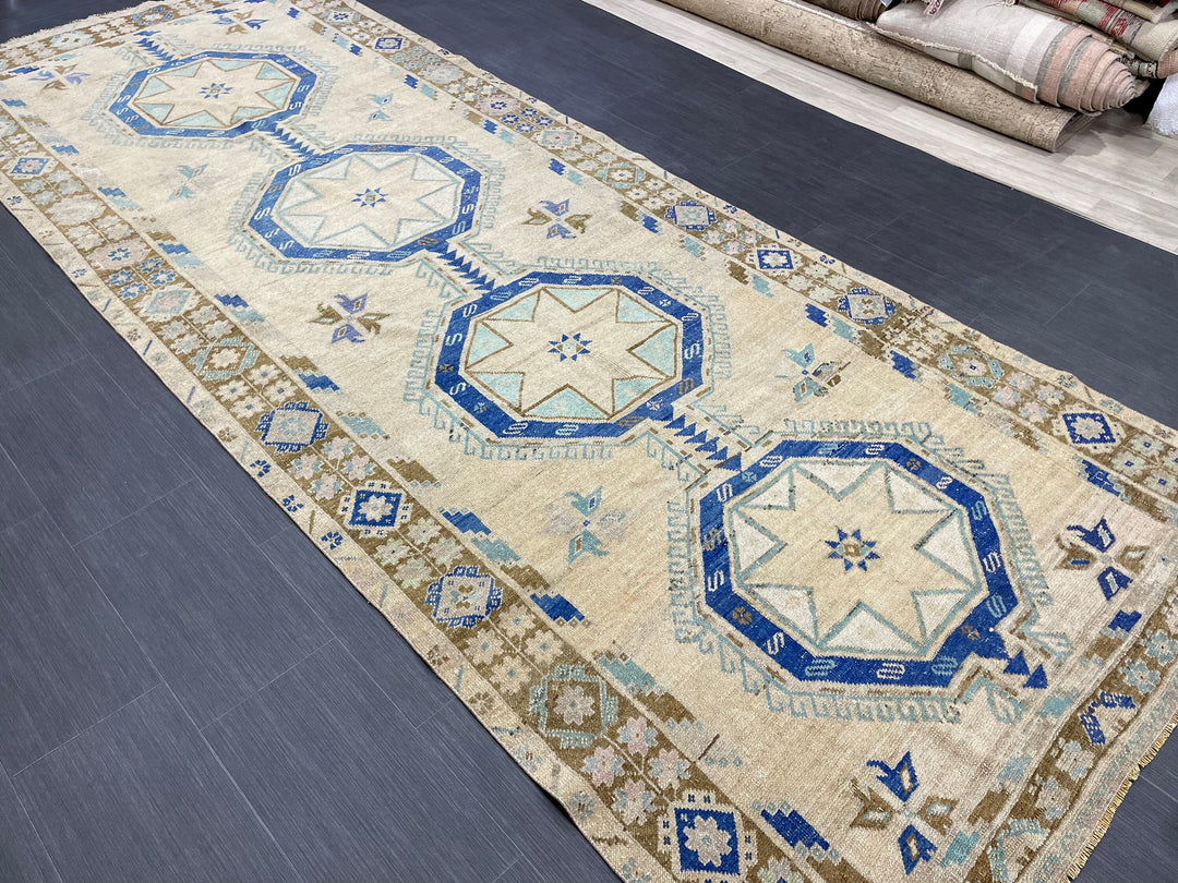 Beige Turkish Runner Rug 4' 9" x 12' 6" Hand-Knotted