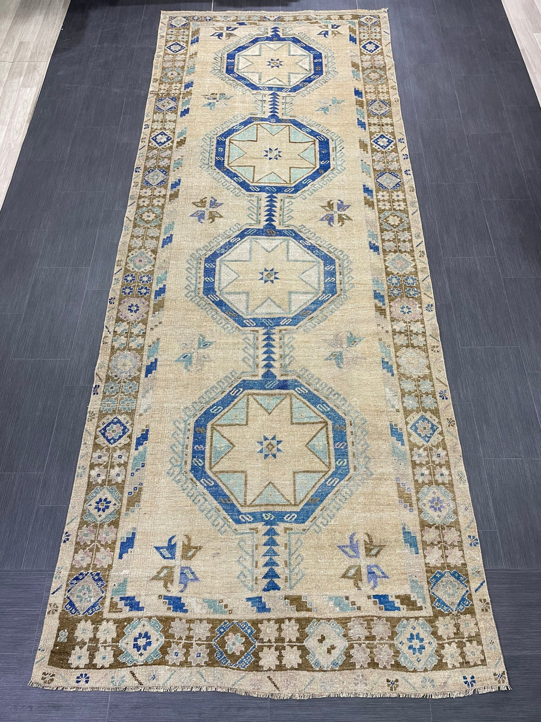 Beige Turkish Runner Rug 4' 9" x 12' 6" Hand-Knotted close-up